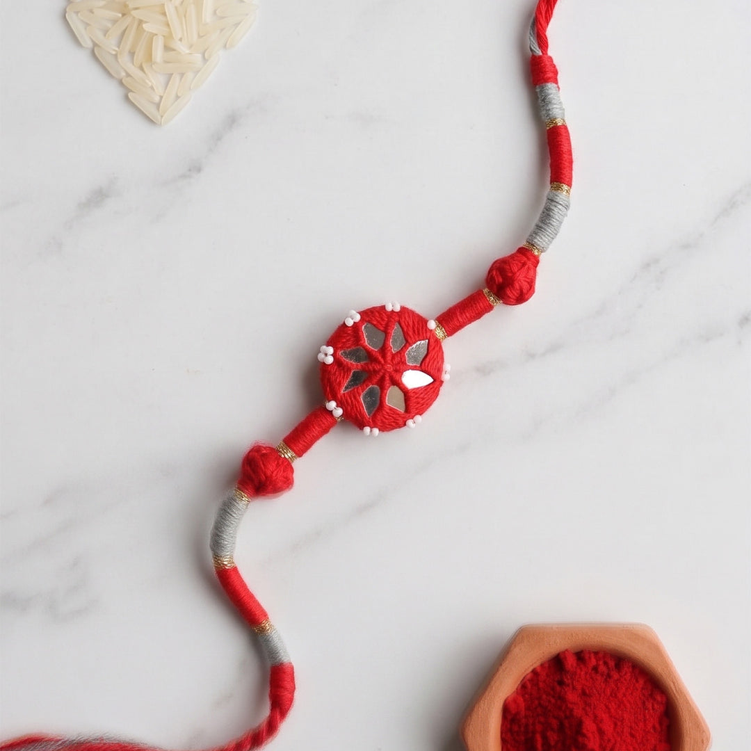 Handmade Mirror Work Patwa Red Cotton Rakhi With Roli Chawal