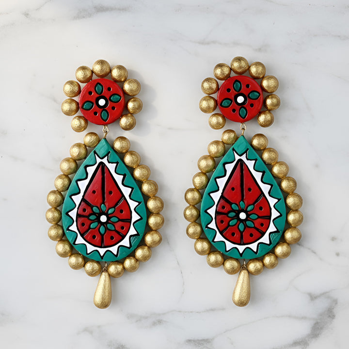 Handmade Red & Green Meenakari Terracotta Earrings