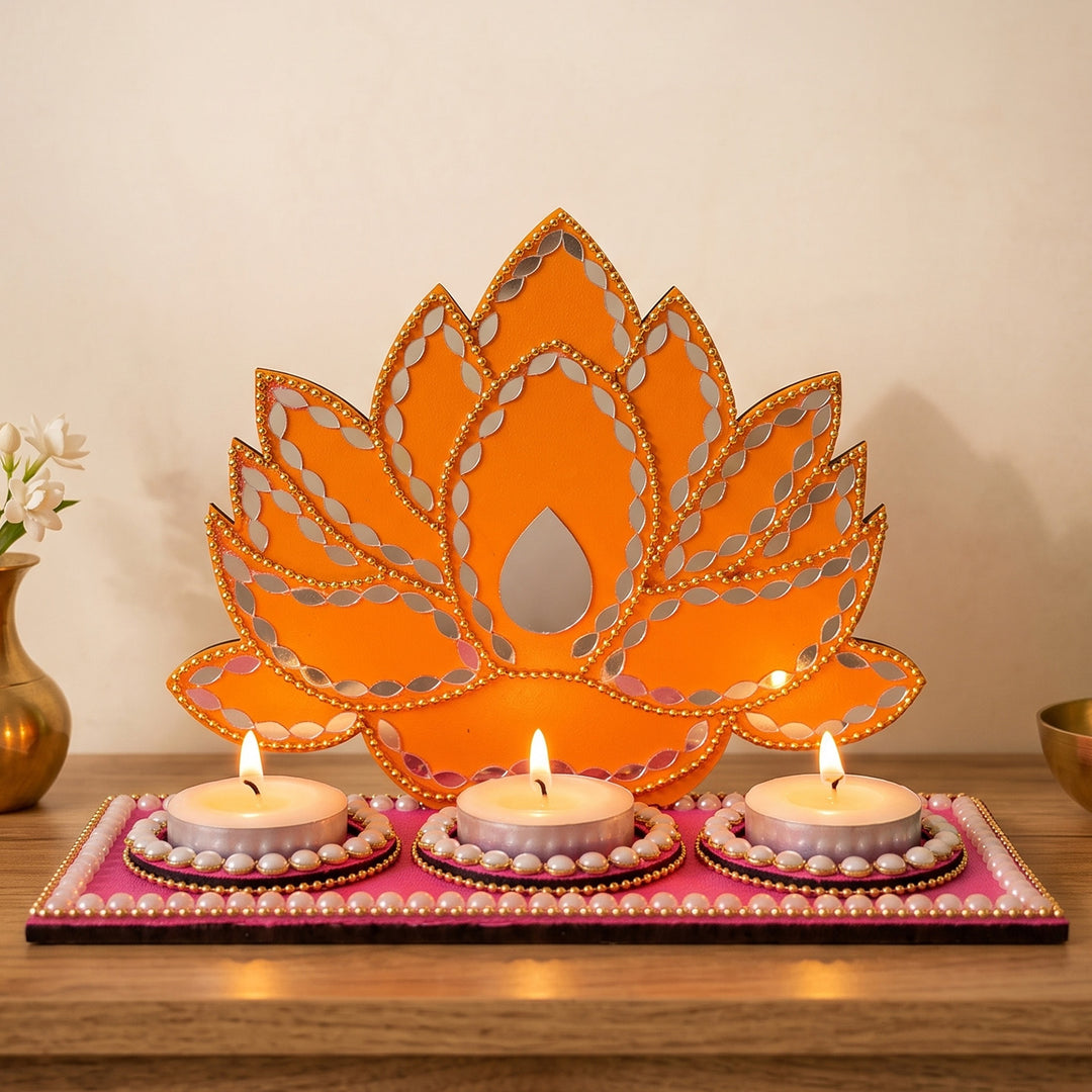 Handcrafted Lotus MDF 3-Slot Tealight Holder For Festive Decor