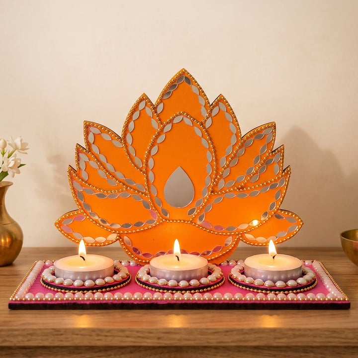 Handcrafted Lotus MDF 3-Slot Tealight Holder For Festive Decor