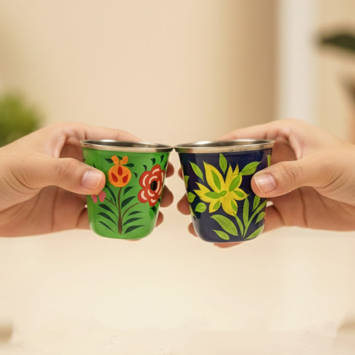 2Pc | Hand-Painted Green & Blue Floral Kashmiri Art Stainless Steel Shot Glasses