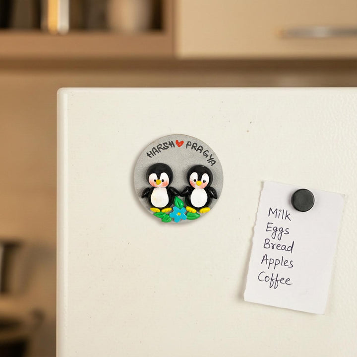 Penguins Couple Personalized Handmade Polymer Clay Round Fridge Magents