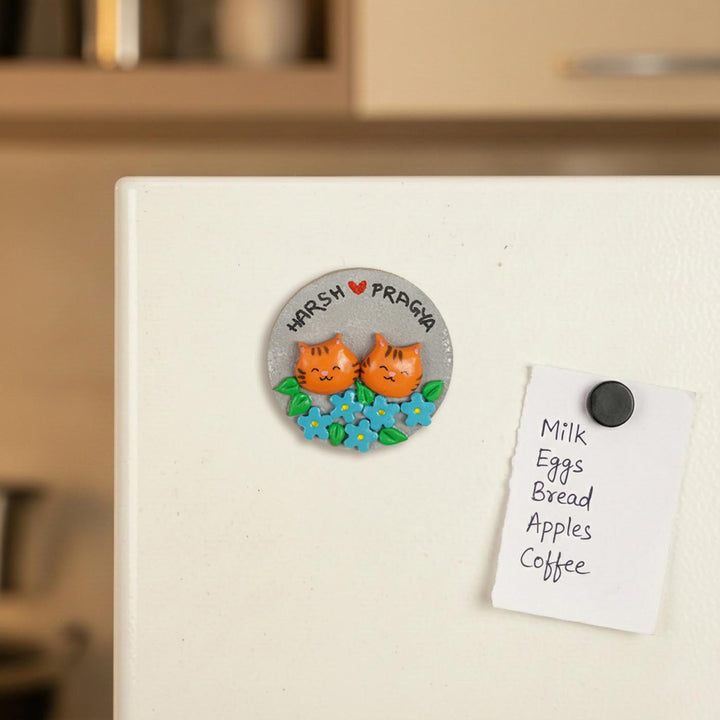 Cats Couple Handmade Personalized Polymer Clay Round Fridge Magents