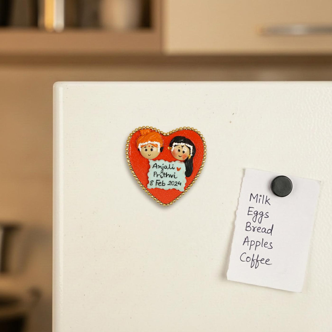 North Indian Couple Handmade Personalized Polymer Clay Heart Fridge Magents