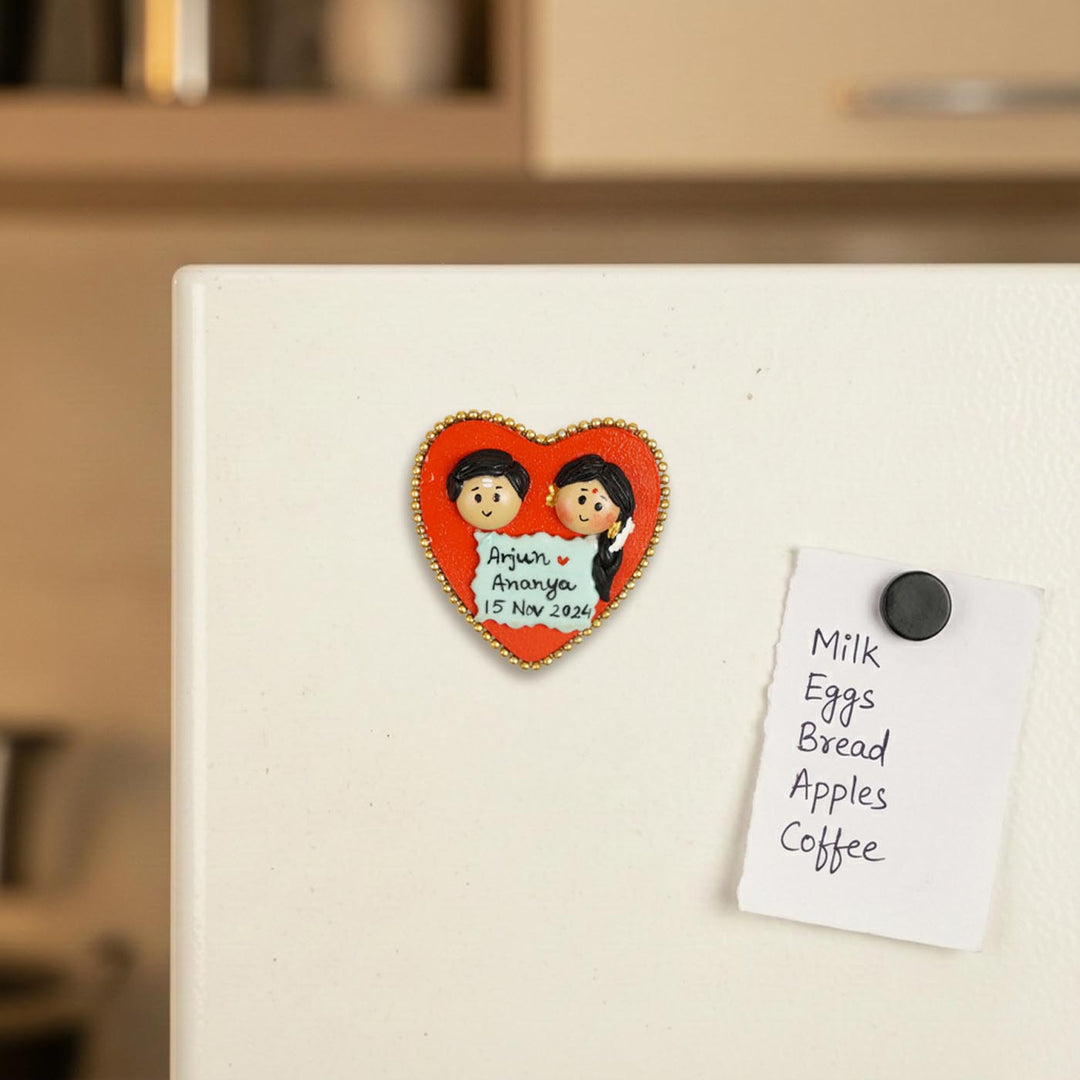 South Indian Couple Handmade Personalized Polymer Clay Heart Fridge Magents