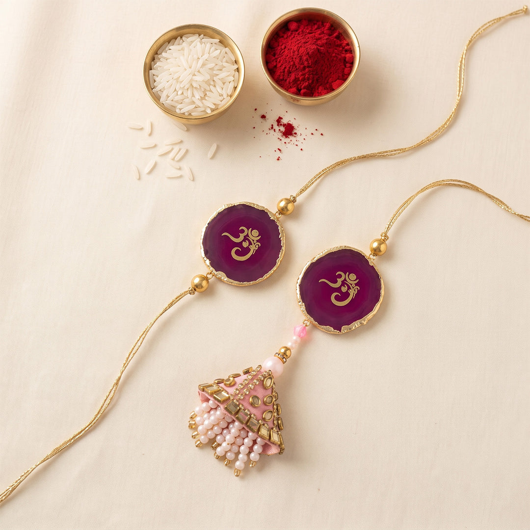 Handmade "Om" Pink Premium Agate Bhaiya Bhabhi Couple Rakhi And Lumba Set With Roli Chawal, Nariyal And Gift Box | Set of 2