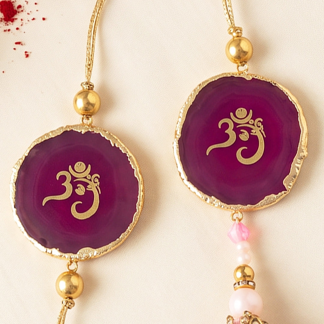 Handmade "Om" Pink Premium Agate Bhaiya Bhabhi Couple Rakhi And Lumba Set With Roli Chawal, Nariyal And Gift Box | Set of 2