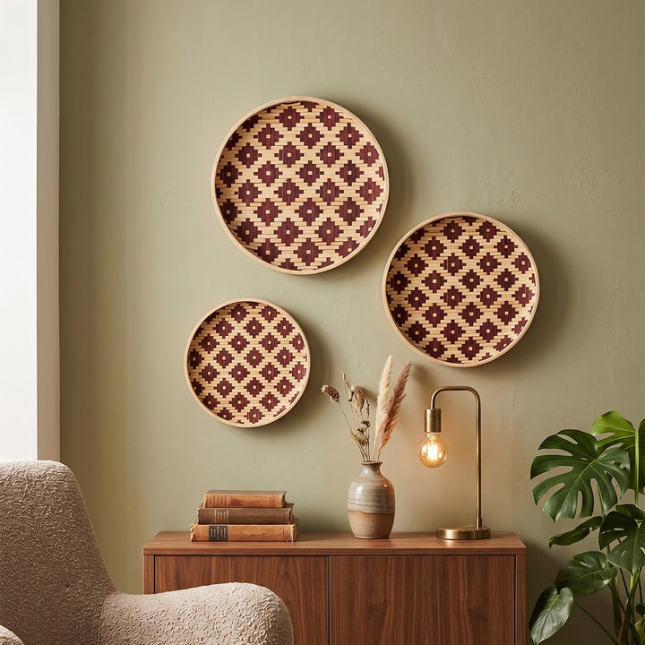Set of 3 | "Elda" Handcrafted Woven Bamboo Wall Plate With Lacquered Finish For Festive Decor