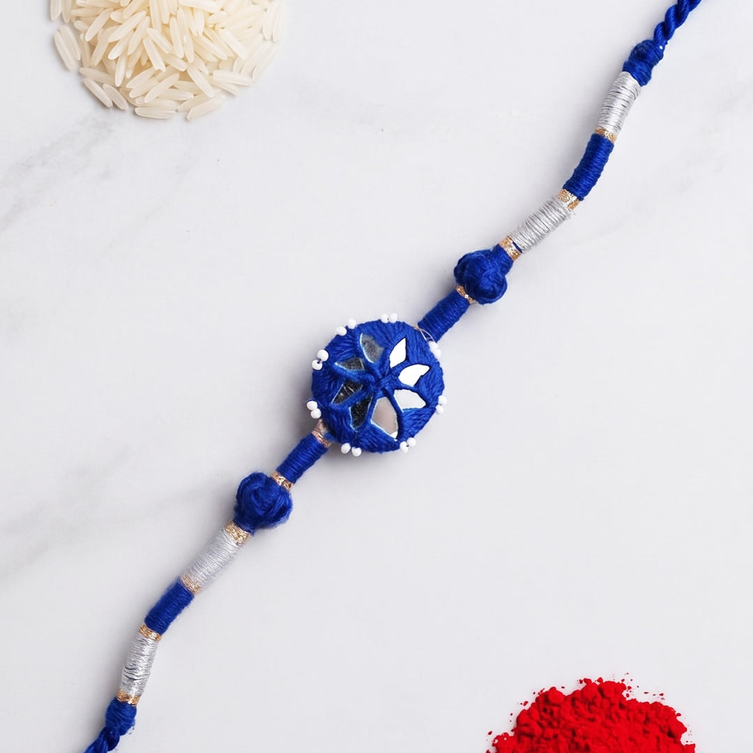 Handmade Mirror Work Patwa Royal Blue Cotton Rakhi With Roli Chawal