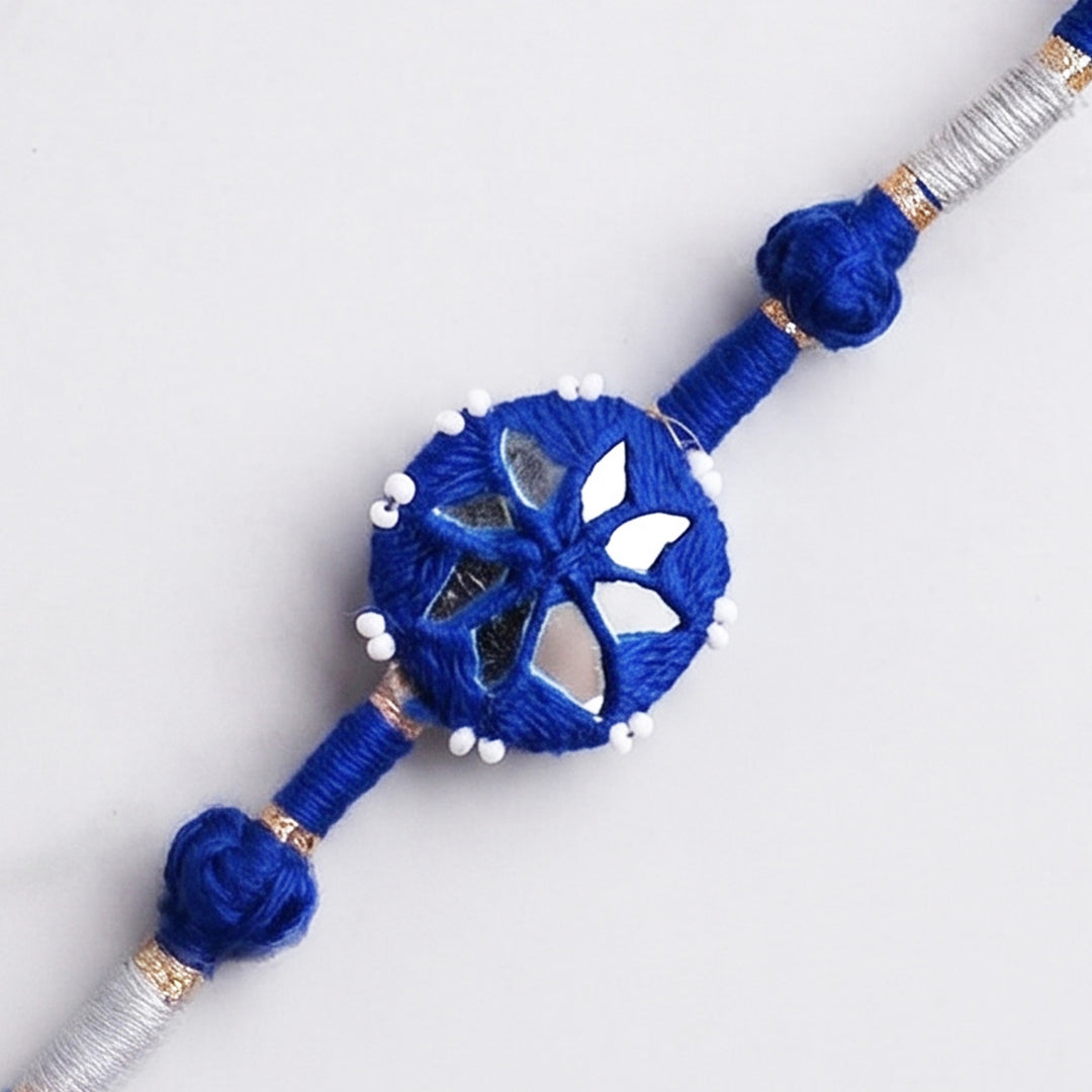 Handmade Mirror Work Patwa Royal Blue Cotton Rakhi With Roli Chawal