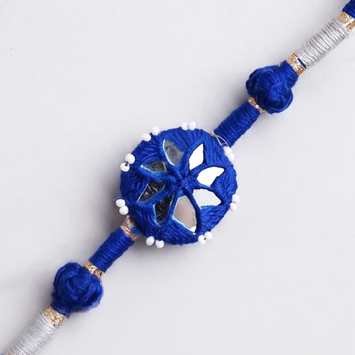 Handmade Mirror Work Patwa Royal Blue Cotton Rakhi With Roli Chawal