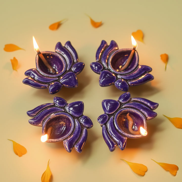 Set Of 4 | Handmade Orange Lotus Design Ceramic Oil Lamp / Diya