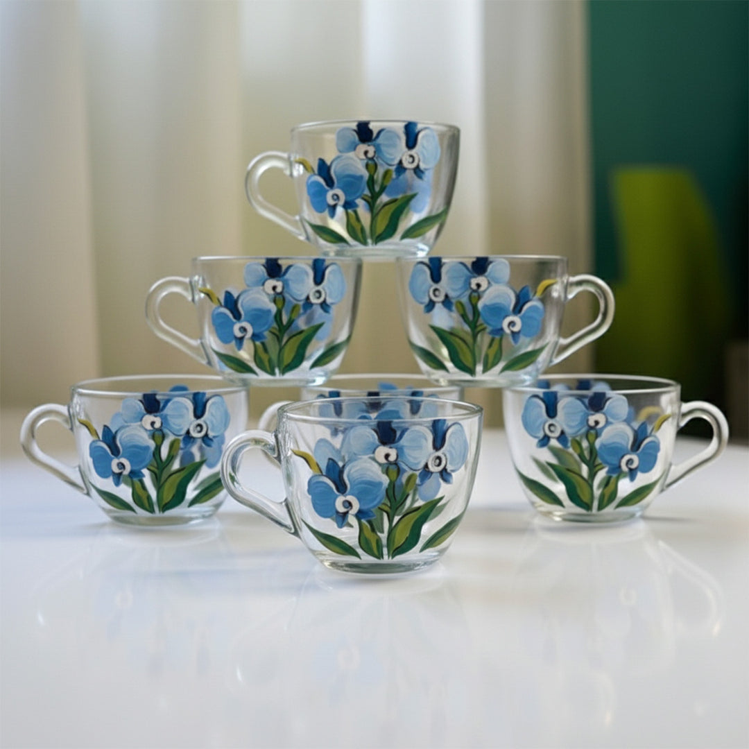 Hand-Painted Blue Orchids Glass Tea Cups