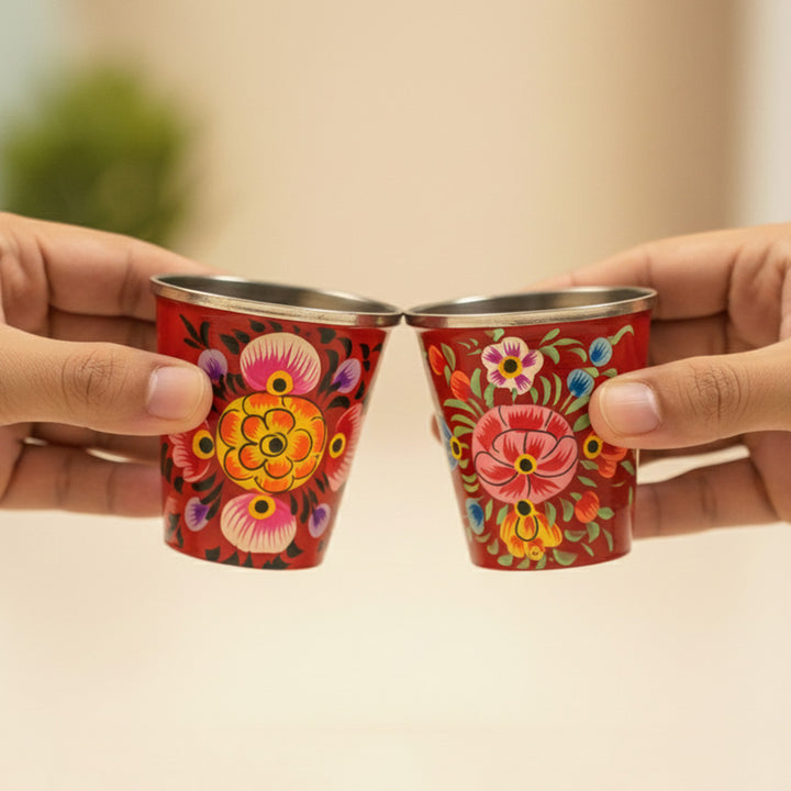 2Pc | Hand-Painted Floral Kashmiri Art Stainless Steel Shot Glasses