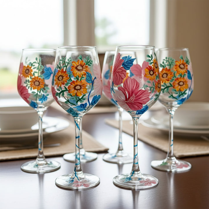 Hand-Painted Pink Hibiscuses Wine Glass
