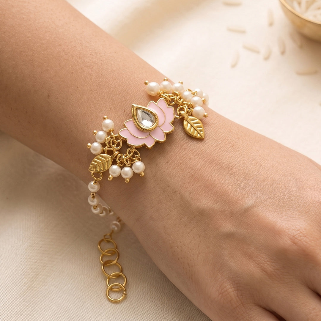 Reusable Lotus Pearl Bracelet Rakhi With Roli Chawal For Sister/Bhabhi