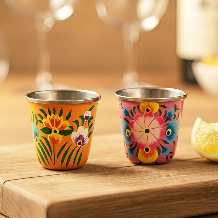 2Pc | Hand-Painted Yellow & Pink Floral Kashmiri Art Stainless Steel Shot Glasses