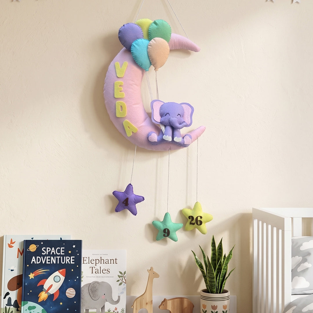 Personalized Elephant On Moon Felt Nameplate