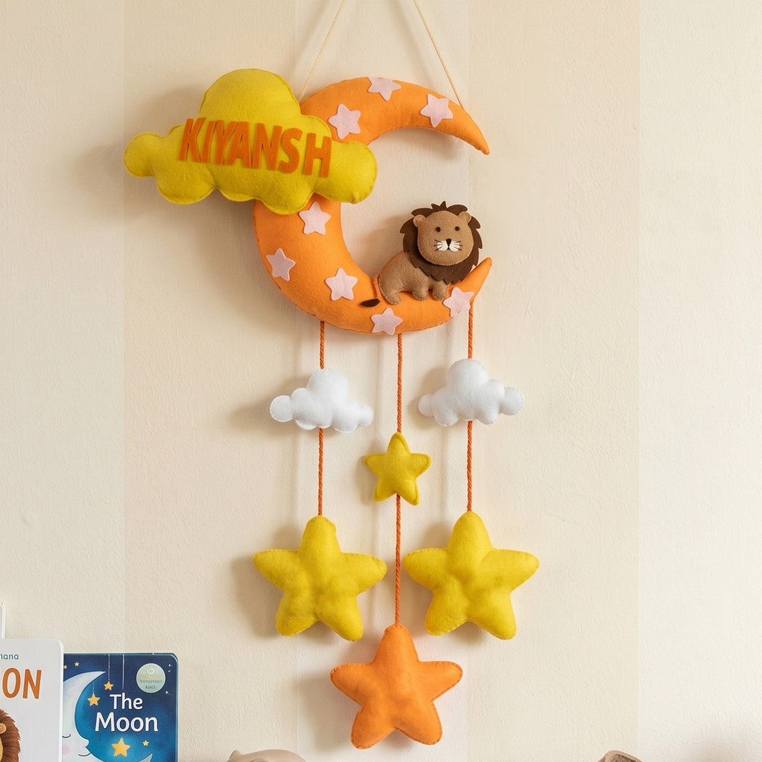 Personalised Little Lion Moon Kids Felt Name Plate