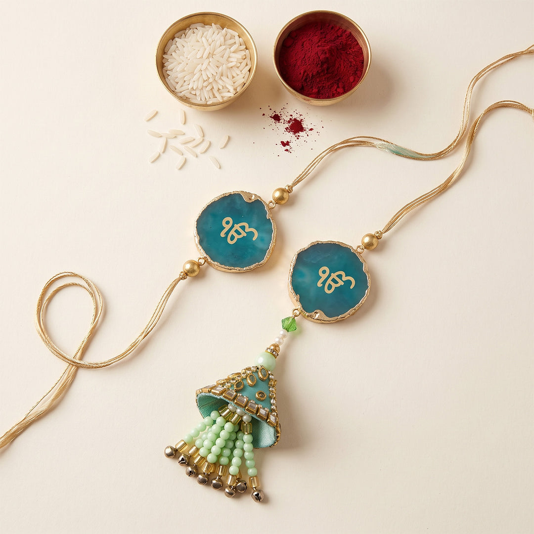 Handmade "Ik Onkar" Green Premium Agate Bhaiya Bhabhi Couple Rakhi And Lumba Set With Roli Chawal, Nariyal And Gift Box | Set of 2