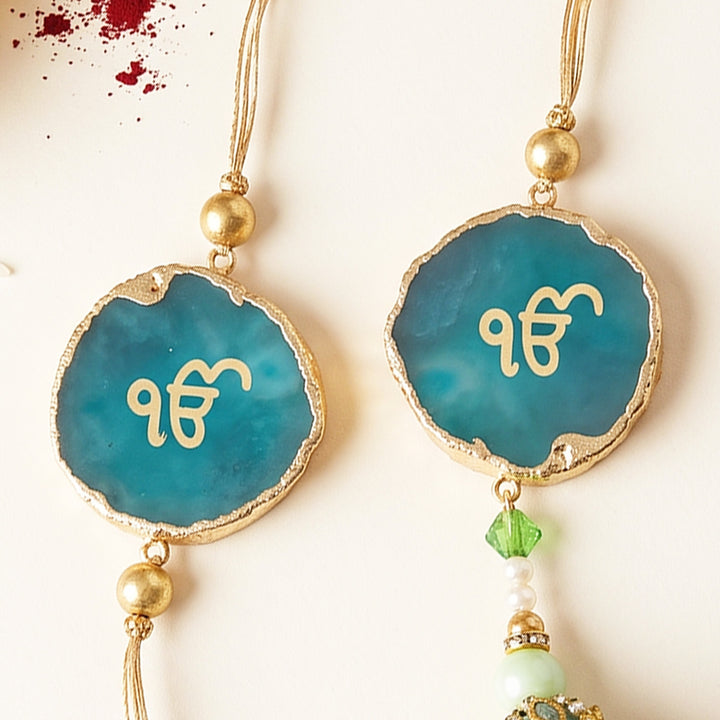 Handmade "Ik Onkar" Green Premium Agate Bhaiya Bhabhi Couple Rakhi And Lumba Set With Roli Chawal, Nariyal And Gift Box | Set of 2