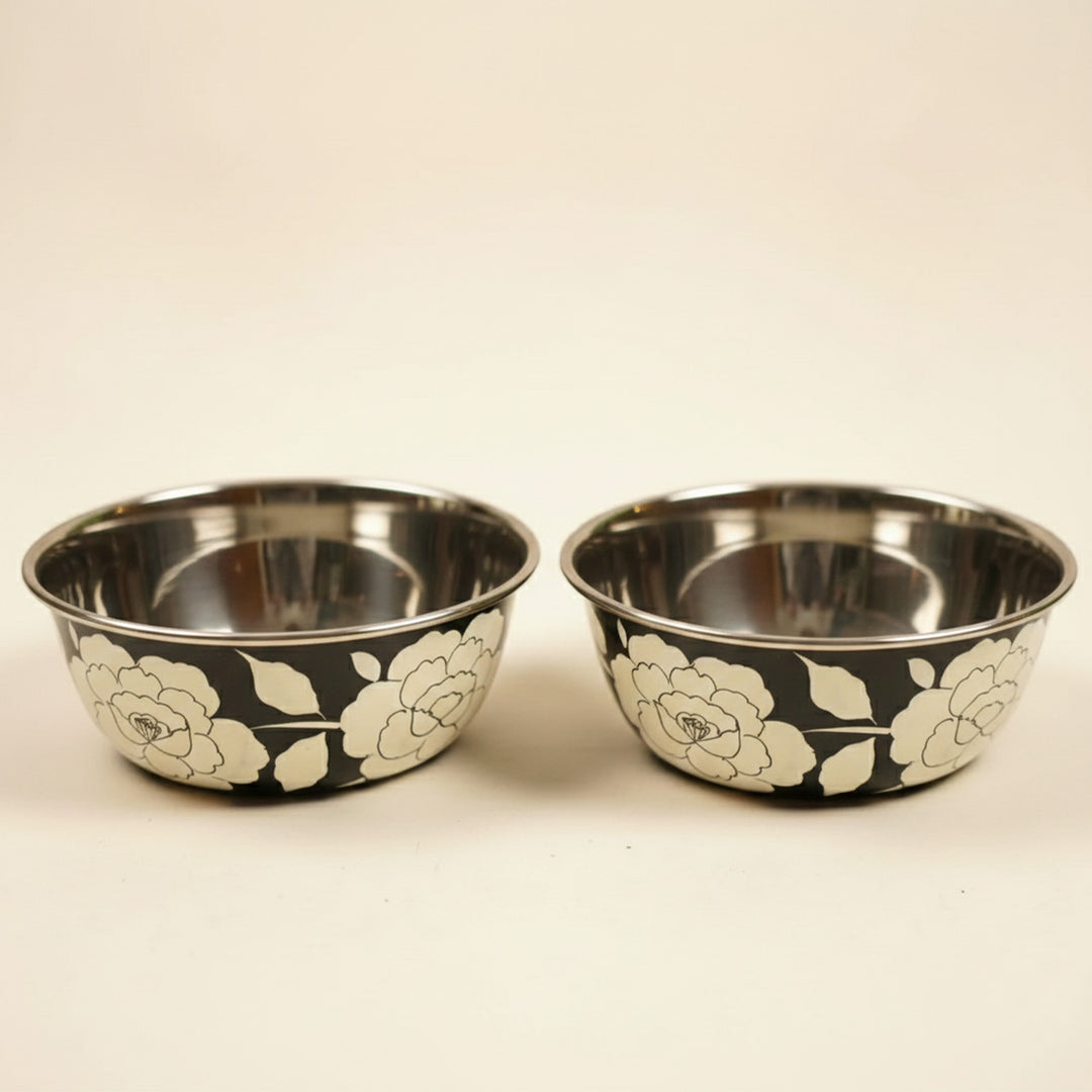 2Pc | Hand-Painted Floral Kashmiri Art Stainless Steel Medium Bowls