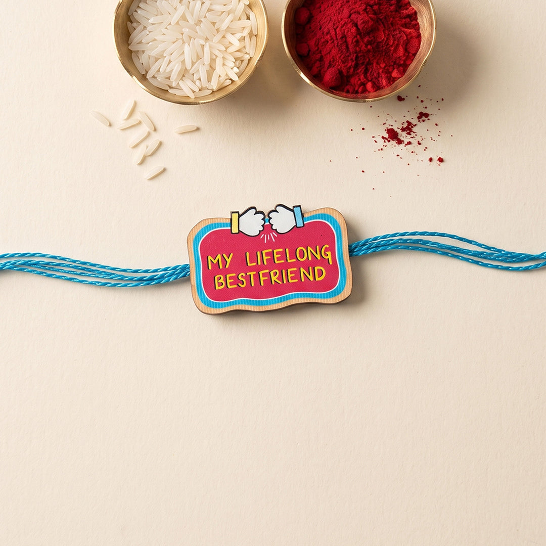 Glossy Printed Wooden 'Lifelong Best Friend' Rakhi With Kumkum Rice For Brother