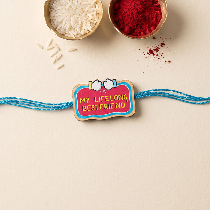 Glossy Printed Wooden 'Lifelong Best Friend' Rakhi With Kumkum Rice For Brother