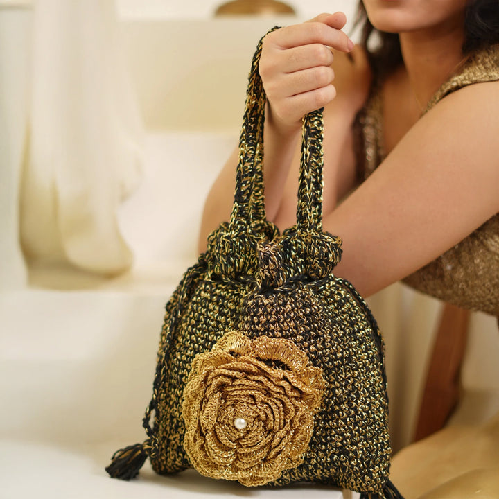 Handmade Crochet Black & Golden Midnight Bloom Potli