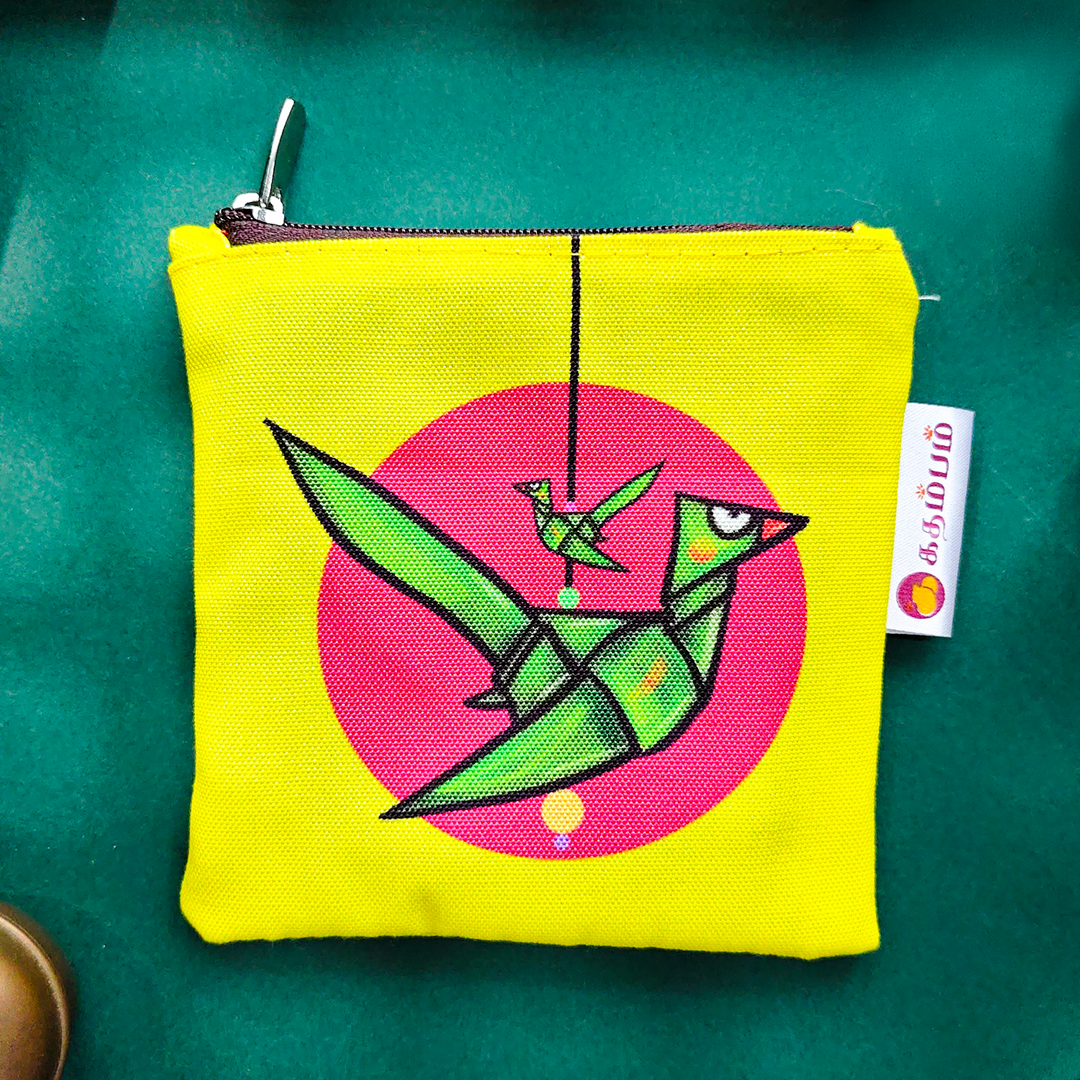 Kili Yellow And Pink Parrot Print Mini Coin Pouch With Zip For Festive Gifting