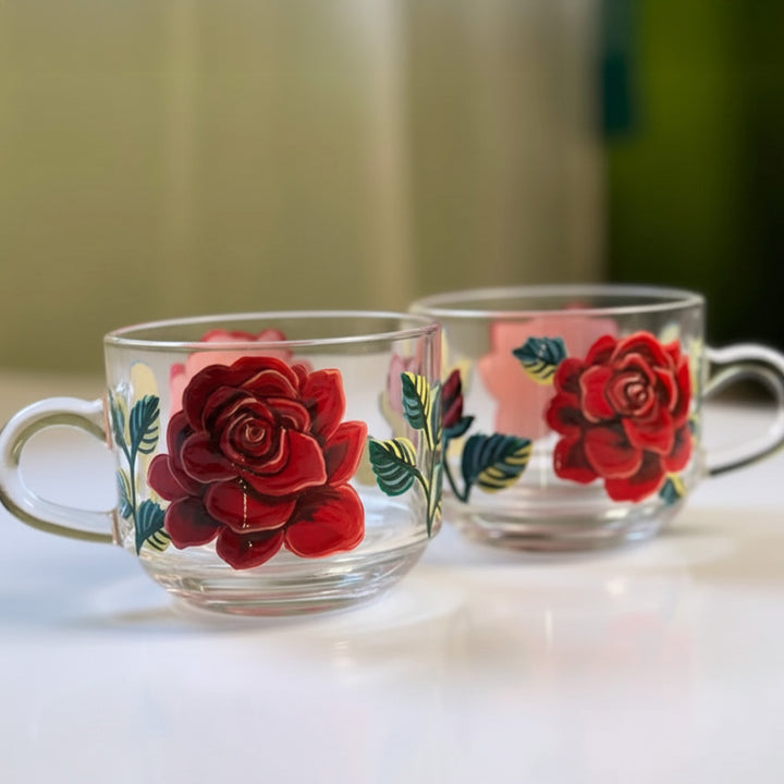Hand-Painted Red Roses Glass Tea Cups