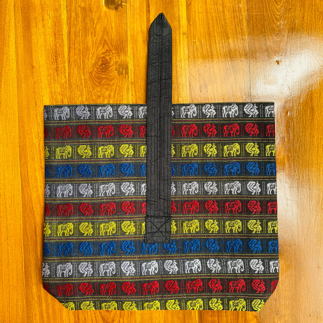 Handmade Grey Elephant & Peacock Khunn Fabric Cotton Wrist Purse