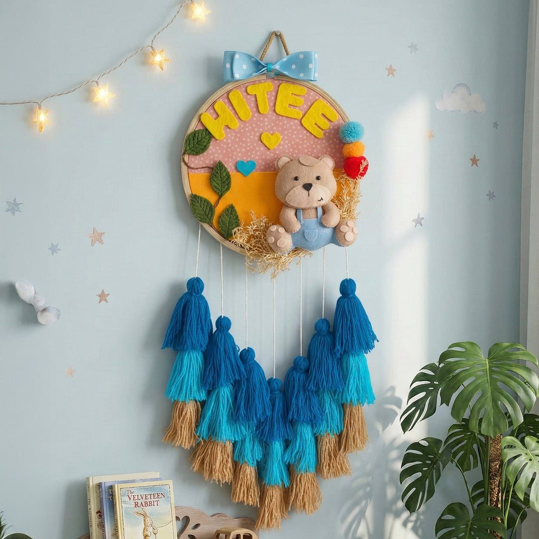 Personalized Blue Teddy Theme Kids Name Plate With Tassels