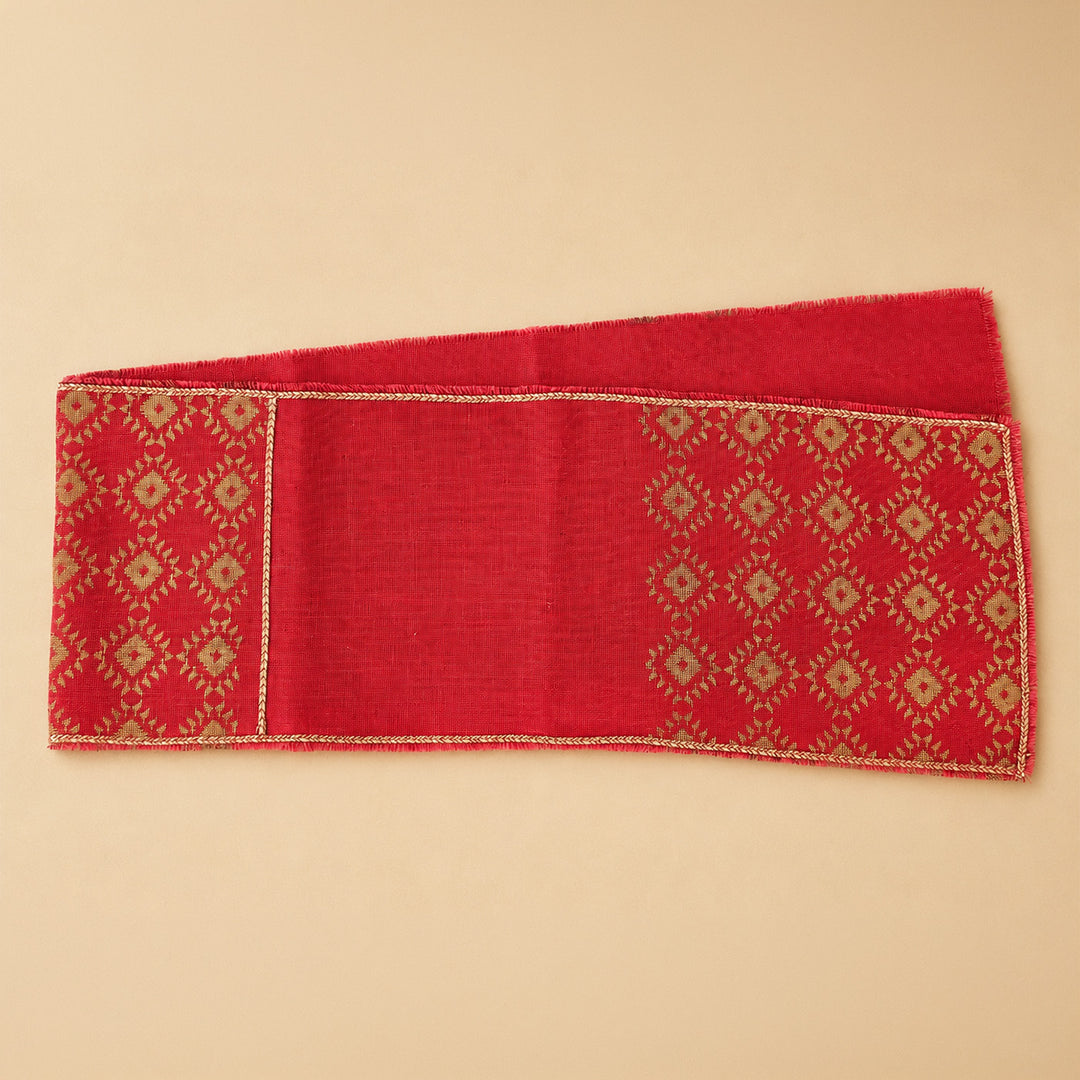 Handcrafted Red Screen Printed Jute Table Linen Gift Hamper With Gota Detailing For Festive Gifting