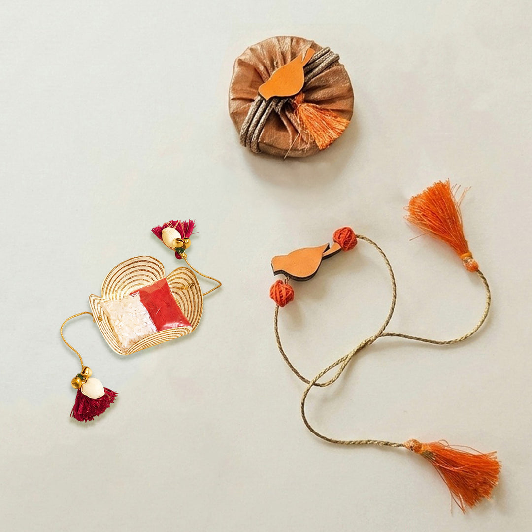 Handcrafted Bird Motif Beaded Tassel Rakhi - Orange