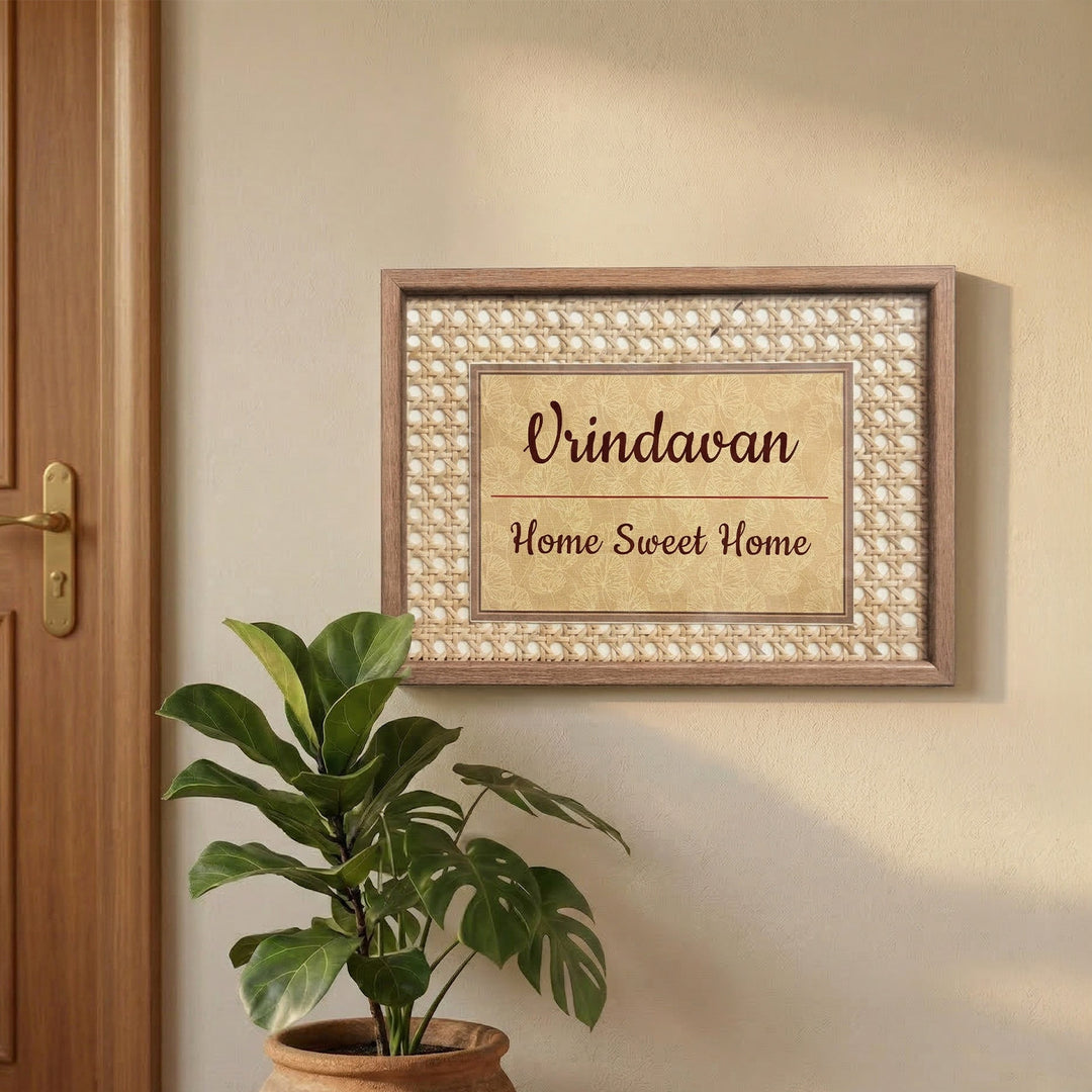 Handmade Floral Motif Rattan Name Plate With Wooden Frame