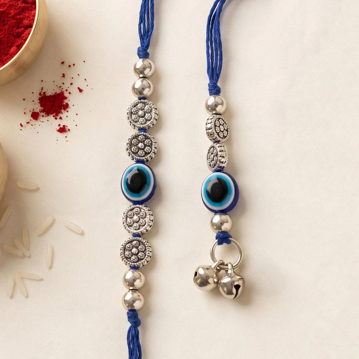 Handmade Evil Eye Blue Premium Agate Bhaiya Bhabhi Couple Rakhi & Lumba Set With Roli Chawal, Nariyal And Gift Box | Set of 2