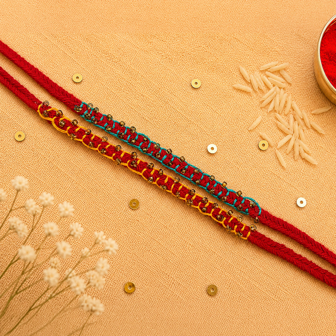 2 Pc | Hand Embroidered Beaded Blanket Stitch Rakhis With Roli Chawal For Brother