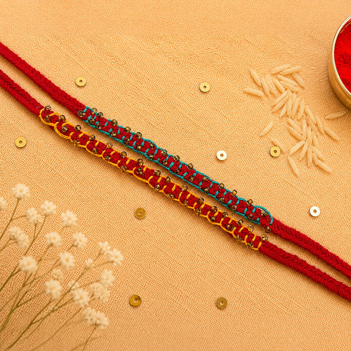 2 Pc | Hand Embroidered Beaded Blanket Stitch Rakhis With Roli Chawal For Brother