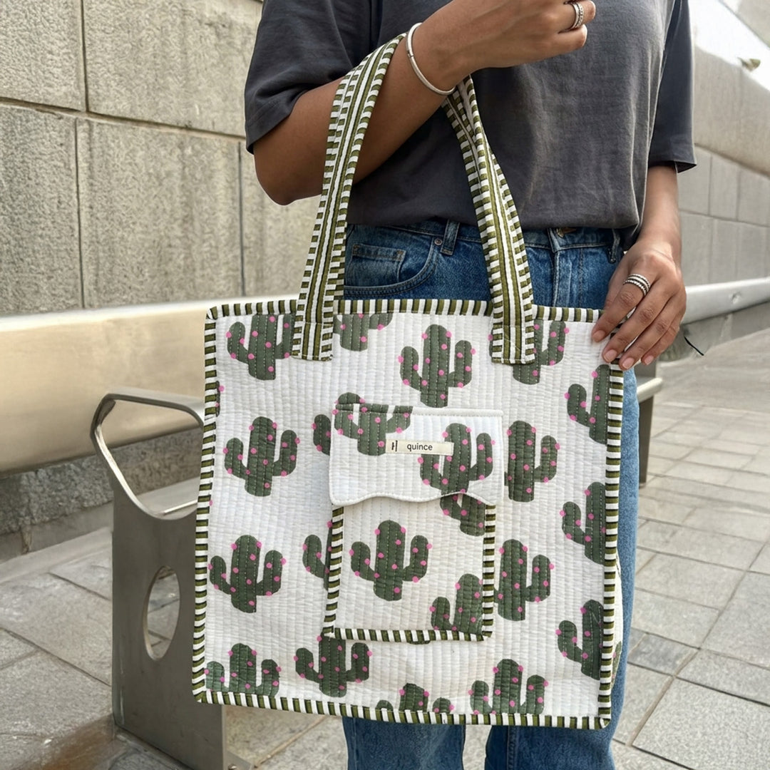 Handmade White & Green Cactus Cotton Tote Bag