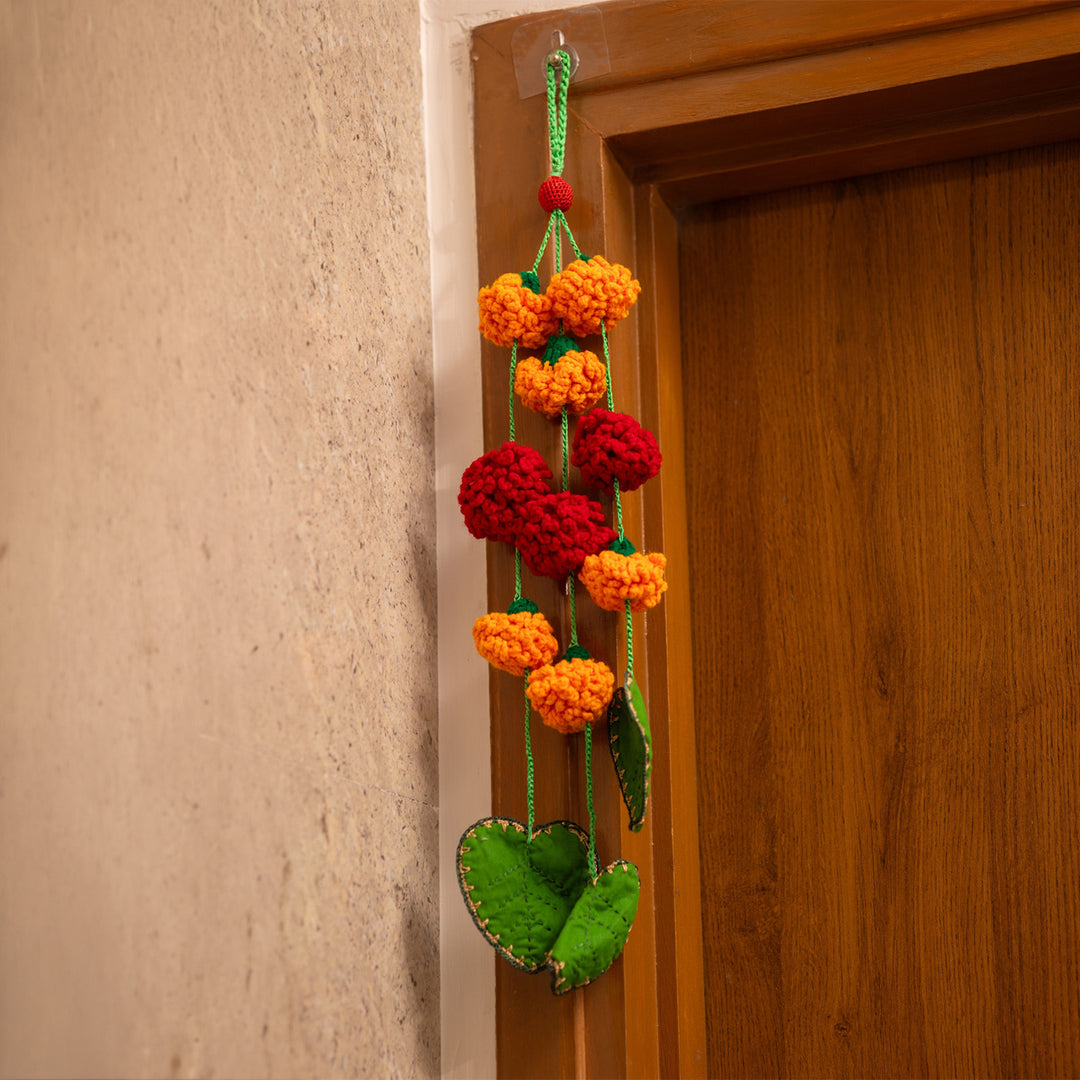 28 Inch | Set Of 2 Handmade Crochet Pink Floral Chidiya & Green Leaf Festive Door Side Hangings