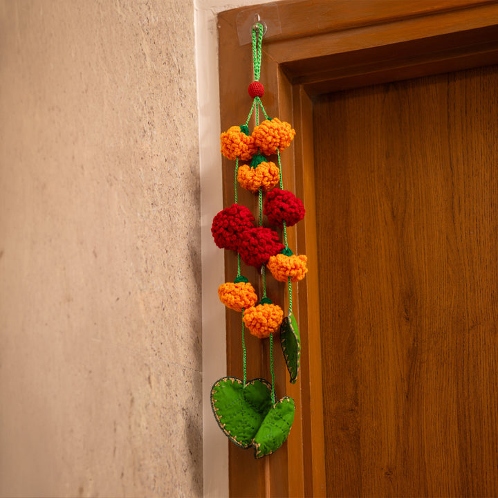 28 Inch | Set Of 2 Handmade Crochet Pink Floral Chidiya & Green Leaf Festive Door Side Hangings