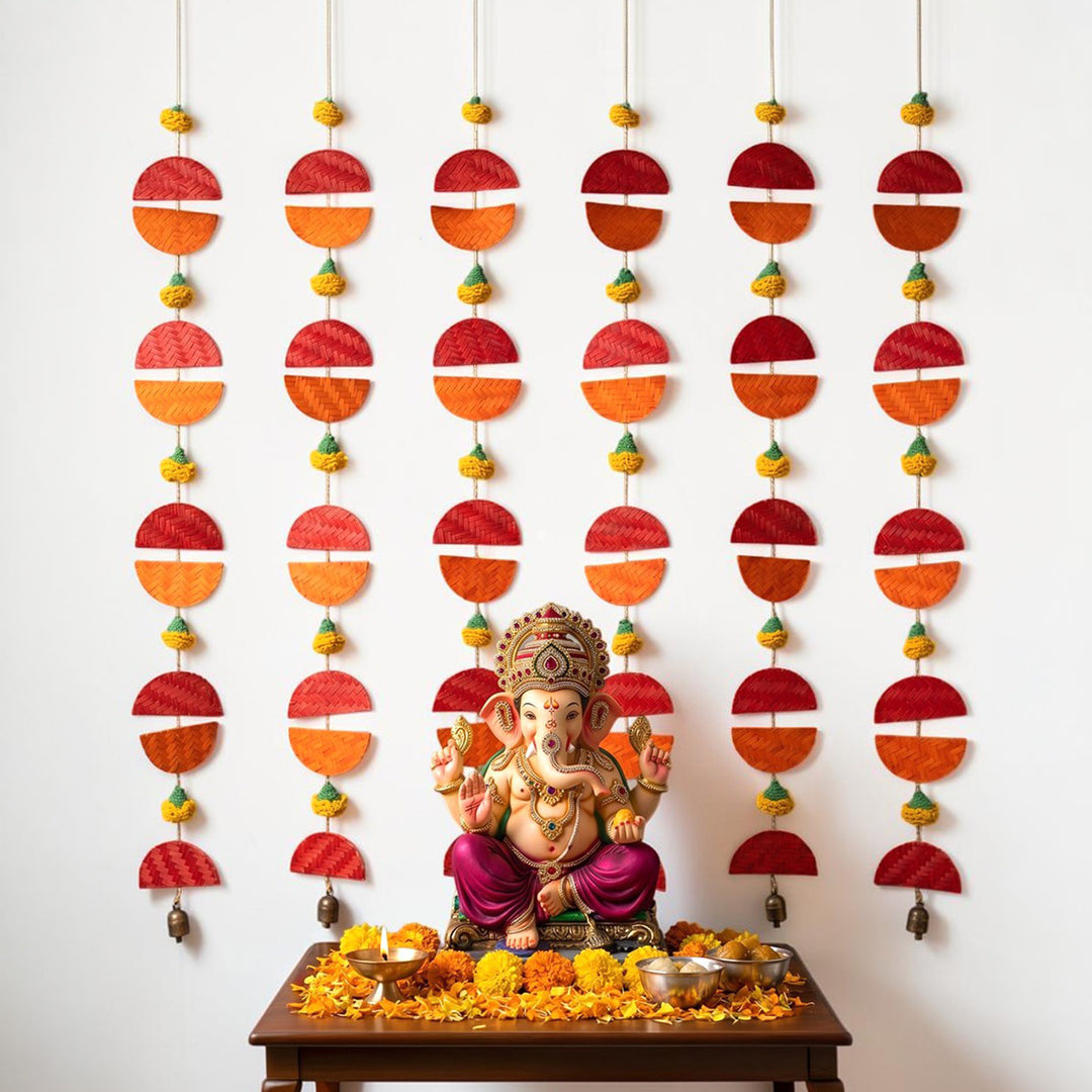 Set of 2 | "Aarunya" Handcrafted Bamboo Sunrise Wall Hanging With Metal Bells For Festive Decor