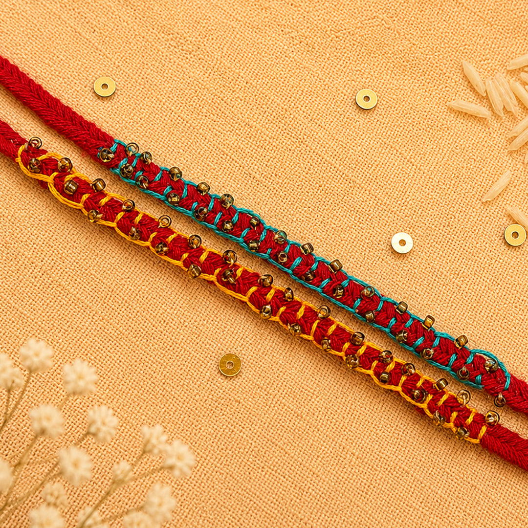 2 Pc | Hand Embroidered Beaded Blanket Stitch Rakhis With Roli Chawal For Brother