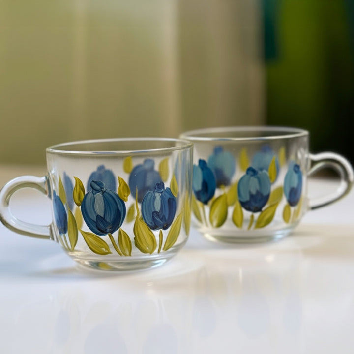 Hand-Painted Tulips Glass Tea Cups