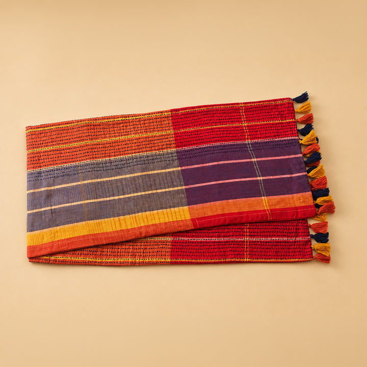 Handcrafted Orange Hand Kantha Gamcha Table Linen Gift Hamper With Runner And Table Mats For Festive Gifting