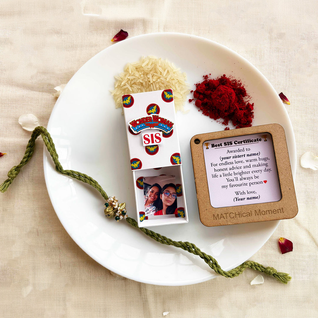 Personalized Photo "Wonder Woman" Theme Rakhi Gift for Sister | Rakhi, Matchbox Card & Photo Magnet Combo