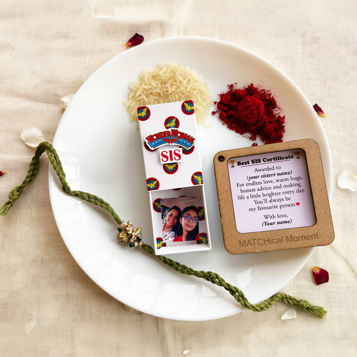 Personalized Photo "Wonder Woman" Theme Rakhi Gift for Sister | Rakhi, Matchbox Card & Photo Magnet Combo