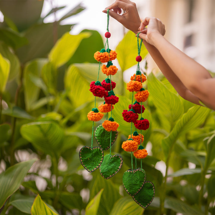 28 Inch | Set Of 2 Handmade Crochet Pink Floral Chidiya & Green Leaf Festive Door Side Hangings