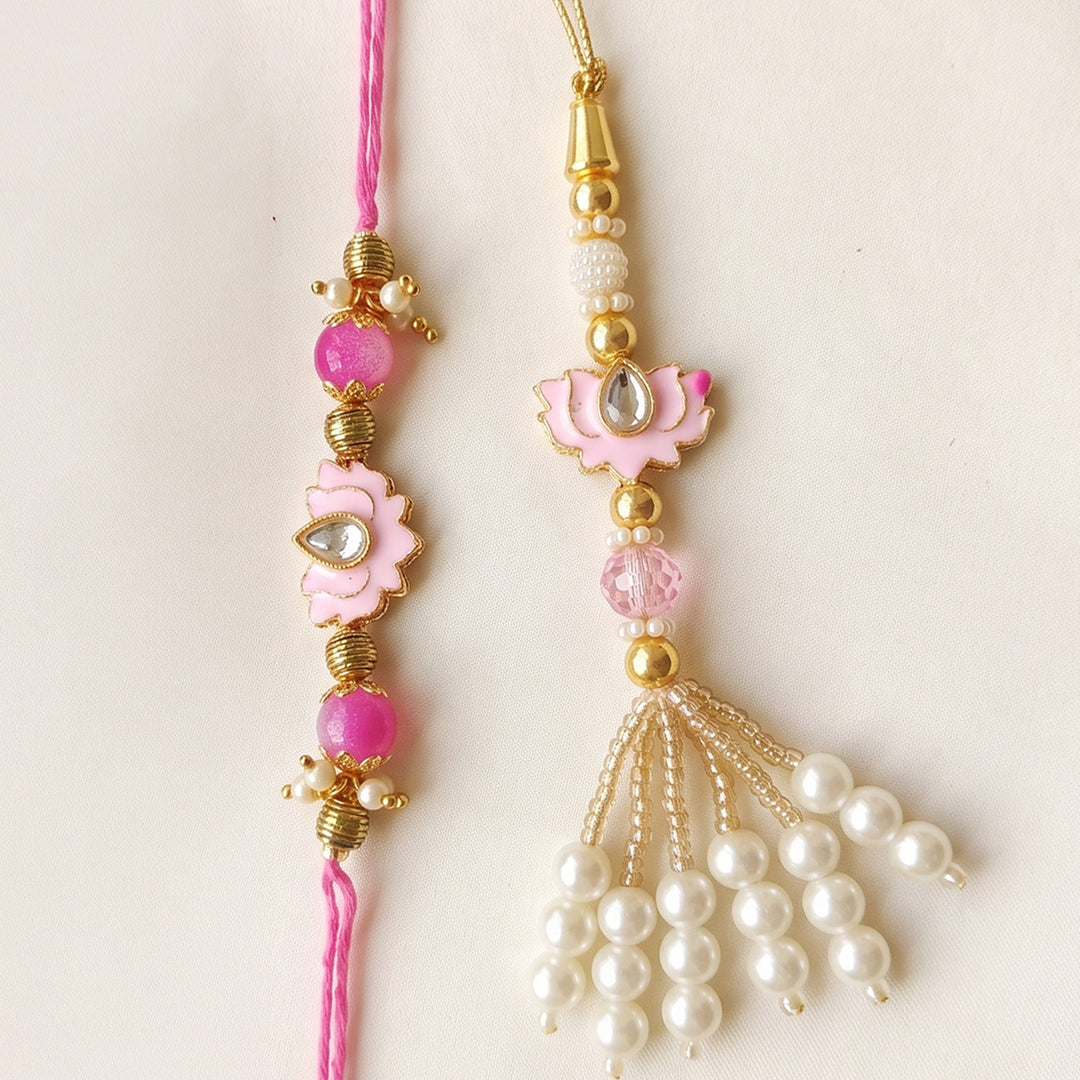 Handmade Lotus Pink Premium Agate Bhaiya Bhabhi Couple Rakhi And Lumba Set With Roli Chawal, Nariyal And Gift Box | Set of 2